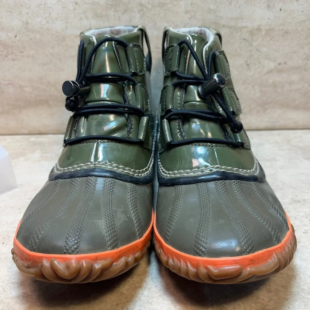 Sorel Out N About Rain Boots Womens 8 Olive Green Orange Waterproof NL2099-213